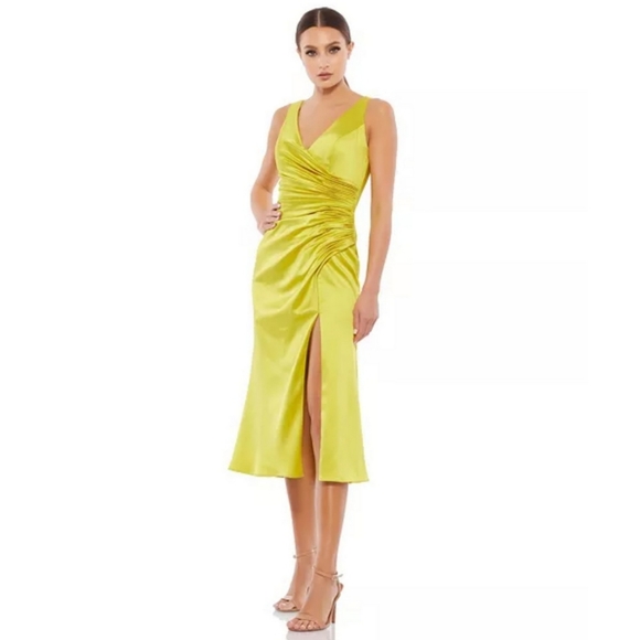 Mac Duggal Dresses & Skirts - Mac Duggal Leena Satin Ruched V Neck Faux Wrap Midi Dress Womens Size 2